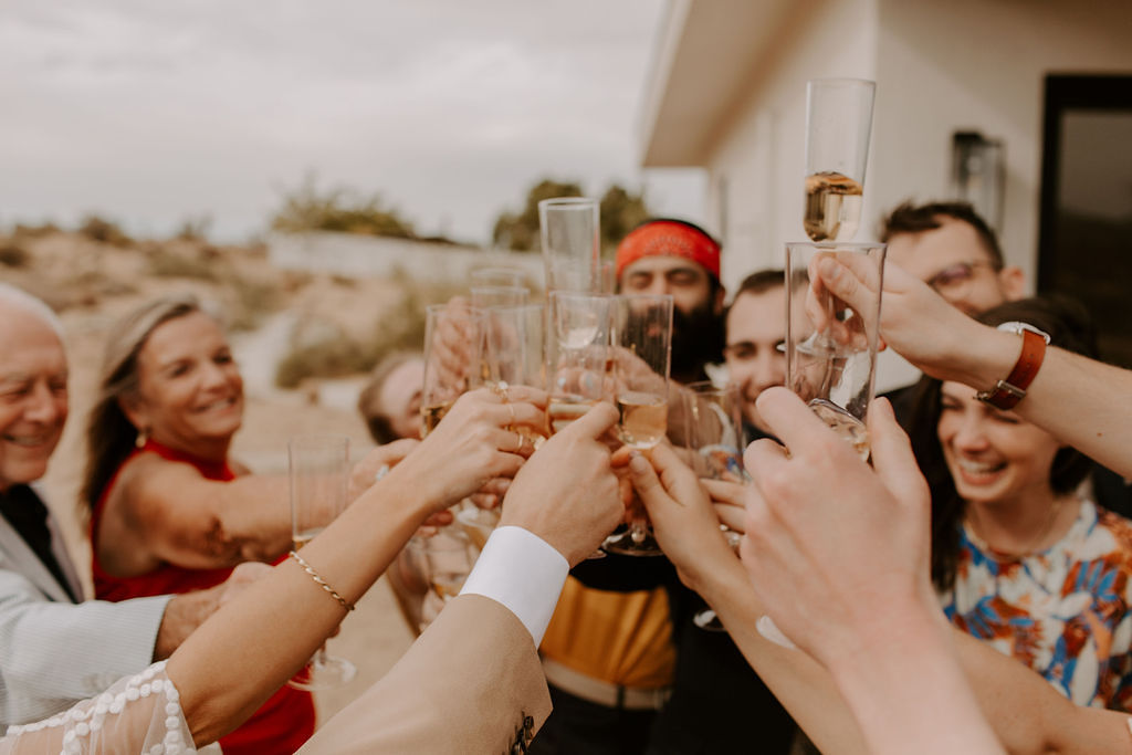 Friends toasting after desert wedding