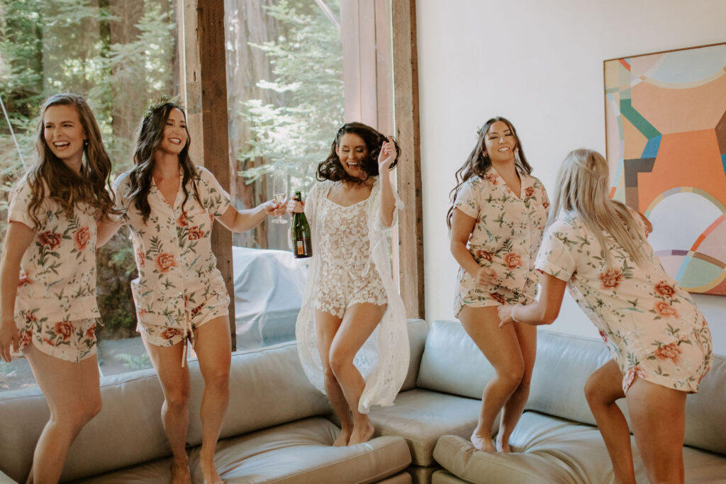 Bride and bridesmaids getting ready for ceremony at Glen Oaks in Big Sur