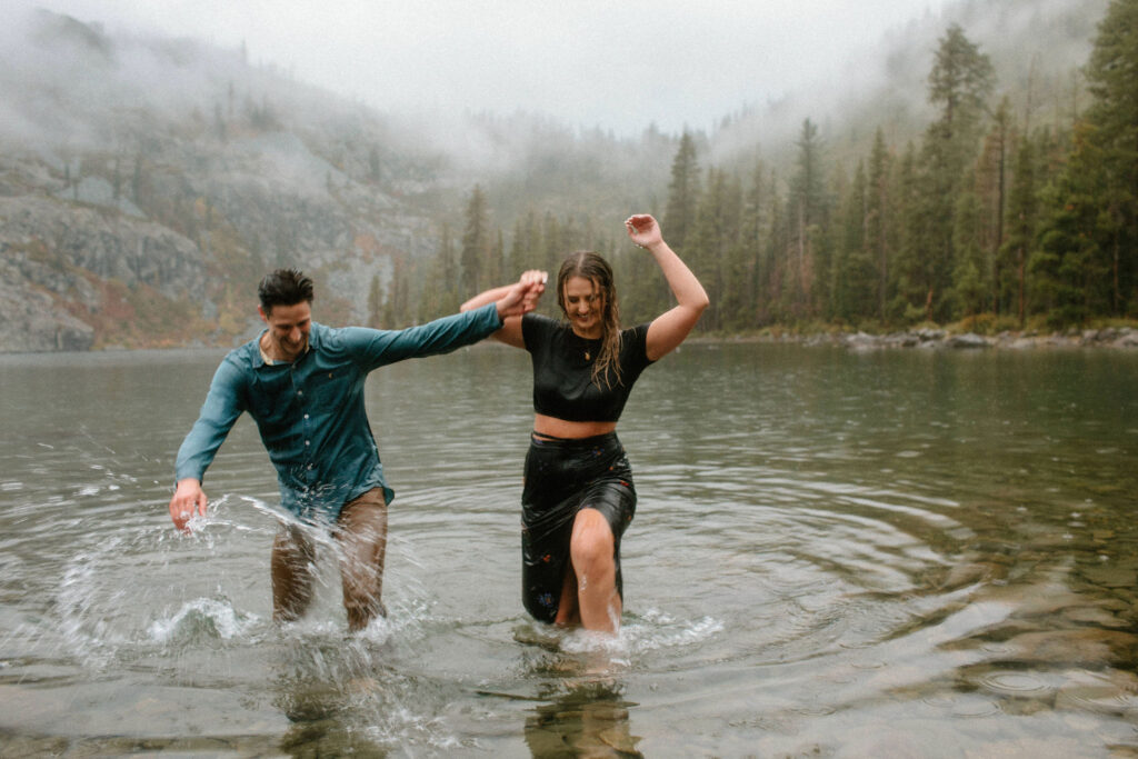 Rainy engagement photos at Castle Lake Mt. Shasta in California