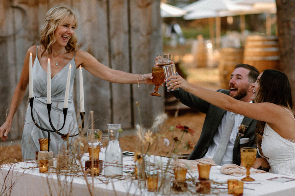 Mother toasting son and daughter in law at their wedding