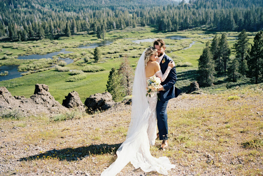35 mm film bride and groom portraits from Dancing Pines wedding near Lake Tahoe, CA
