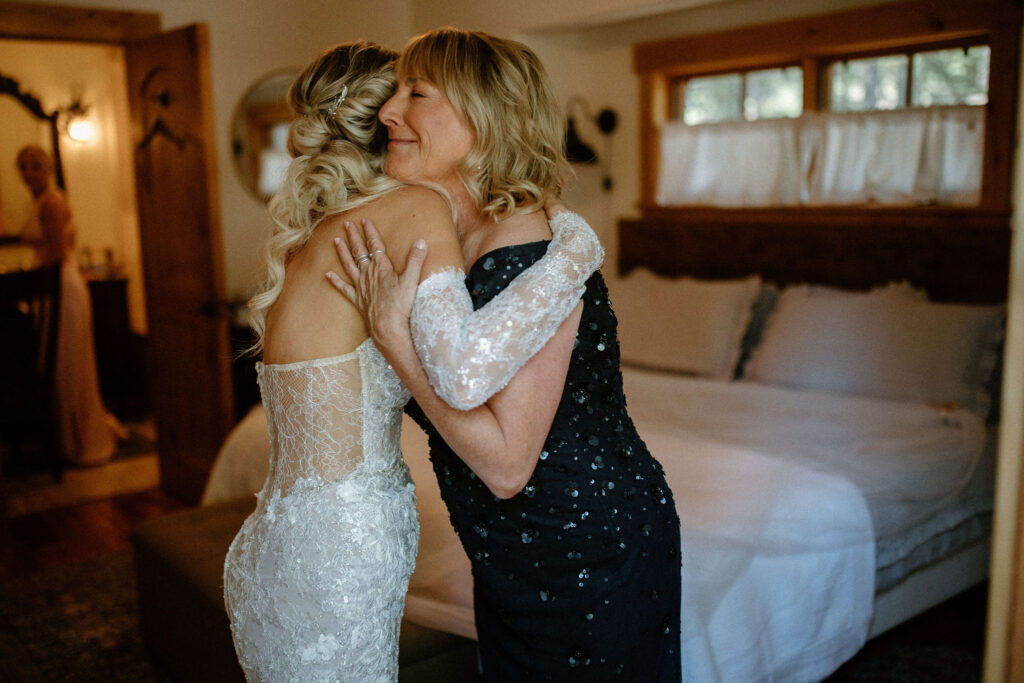 Bride getting ready for her wedding with her mother