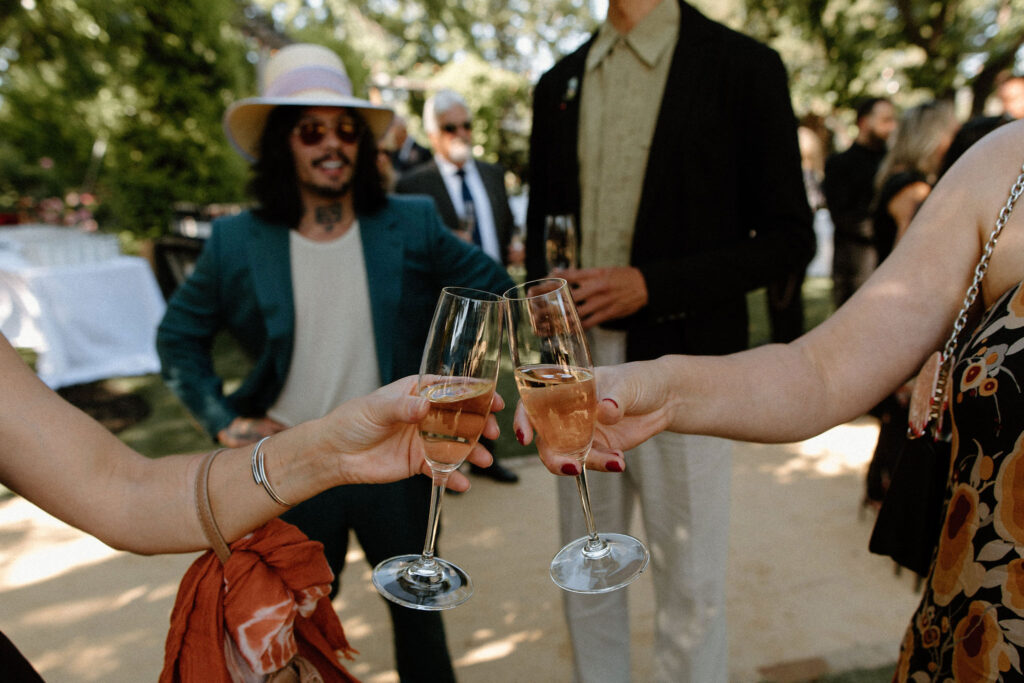 Wedding guests toasting champagne