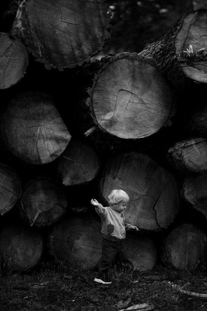 Toddler boy in front of wooden logs