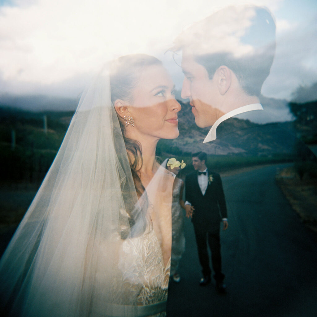 Bride and groom portraits on film with double exposure