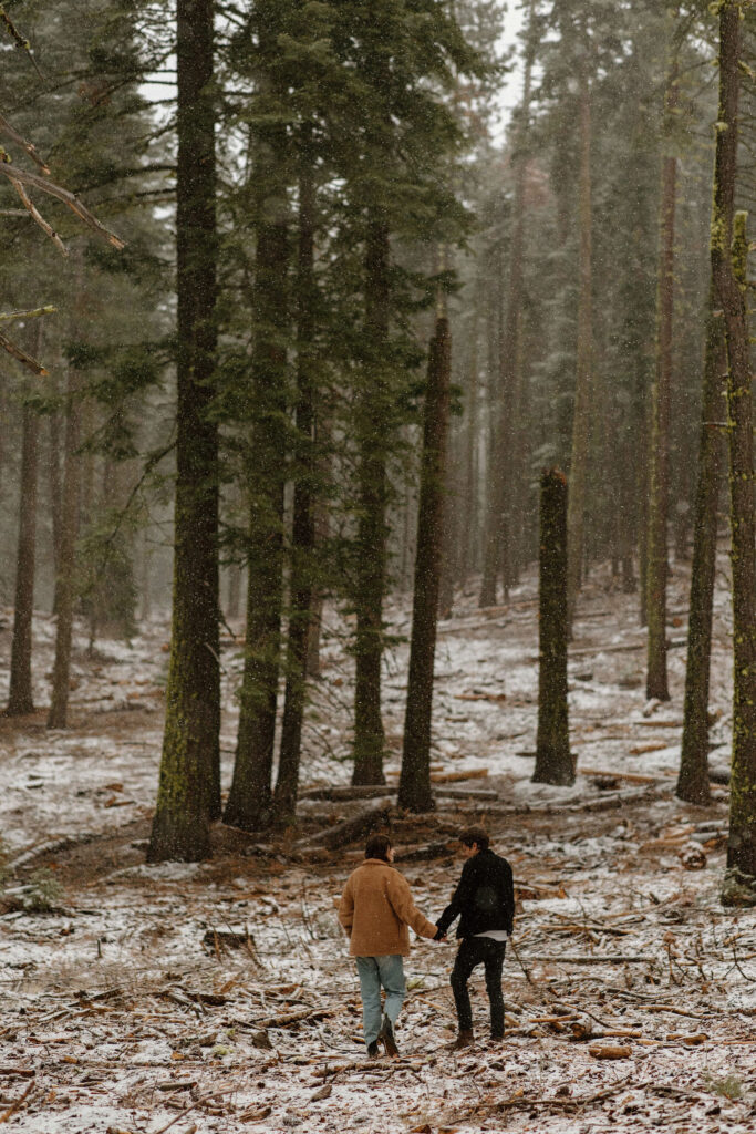 Couple walking in the woods during winter
