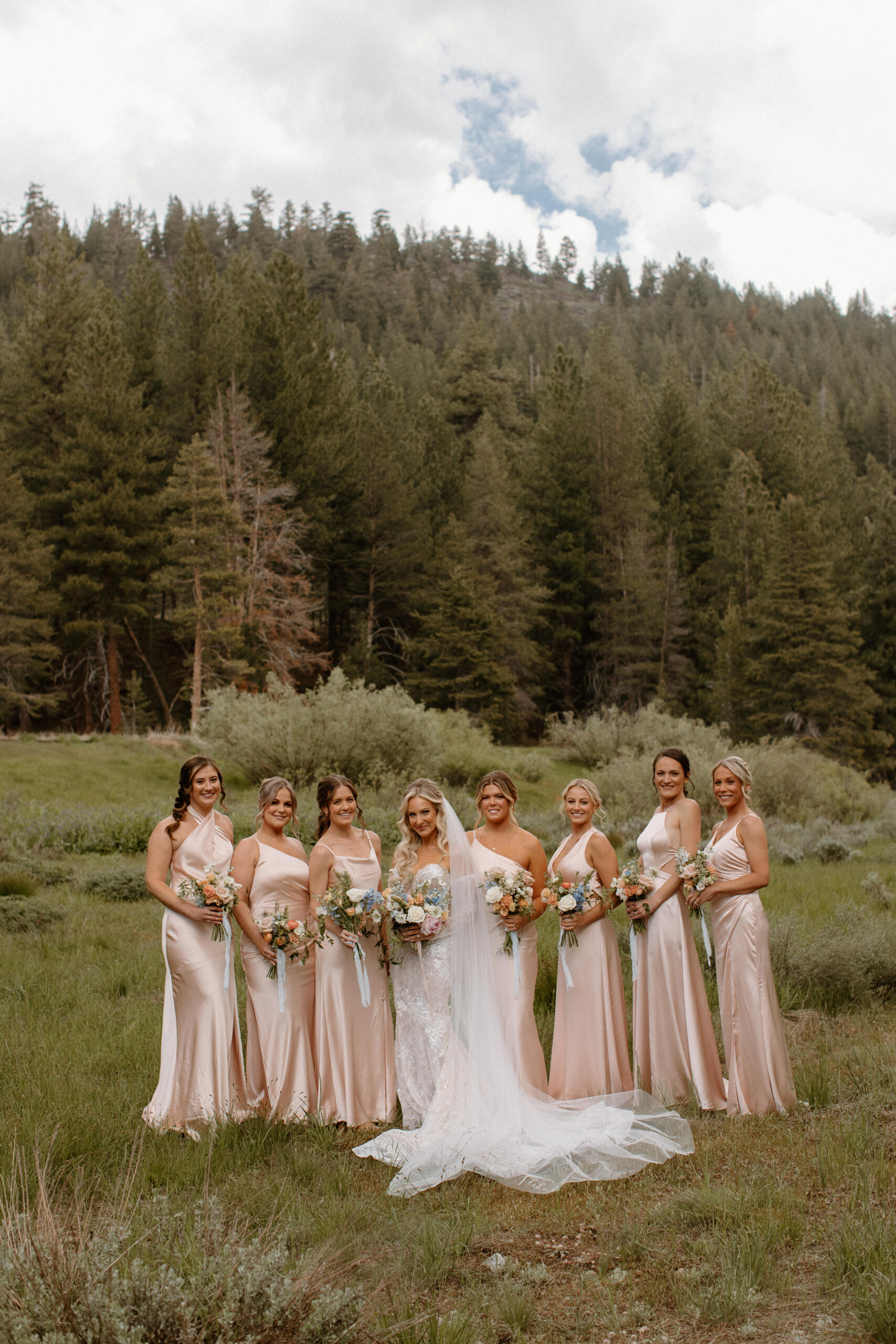 beautiful bride and bridemaids pose together in the stunning California nature