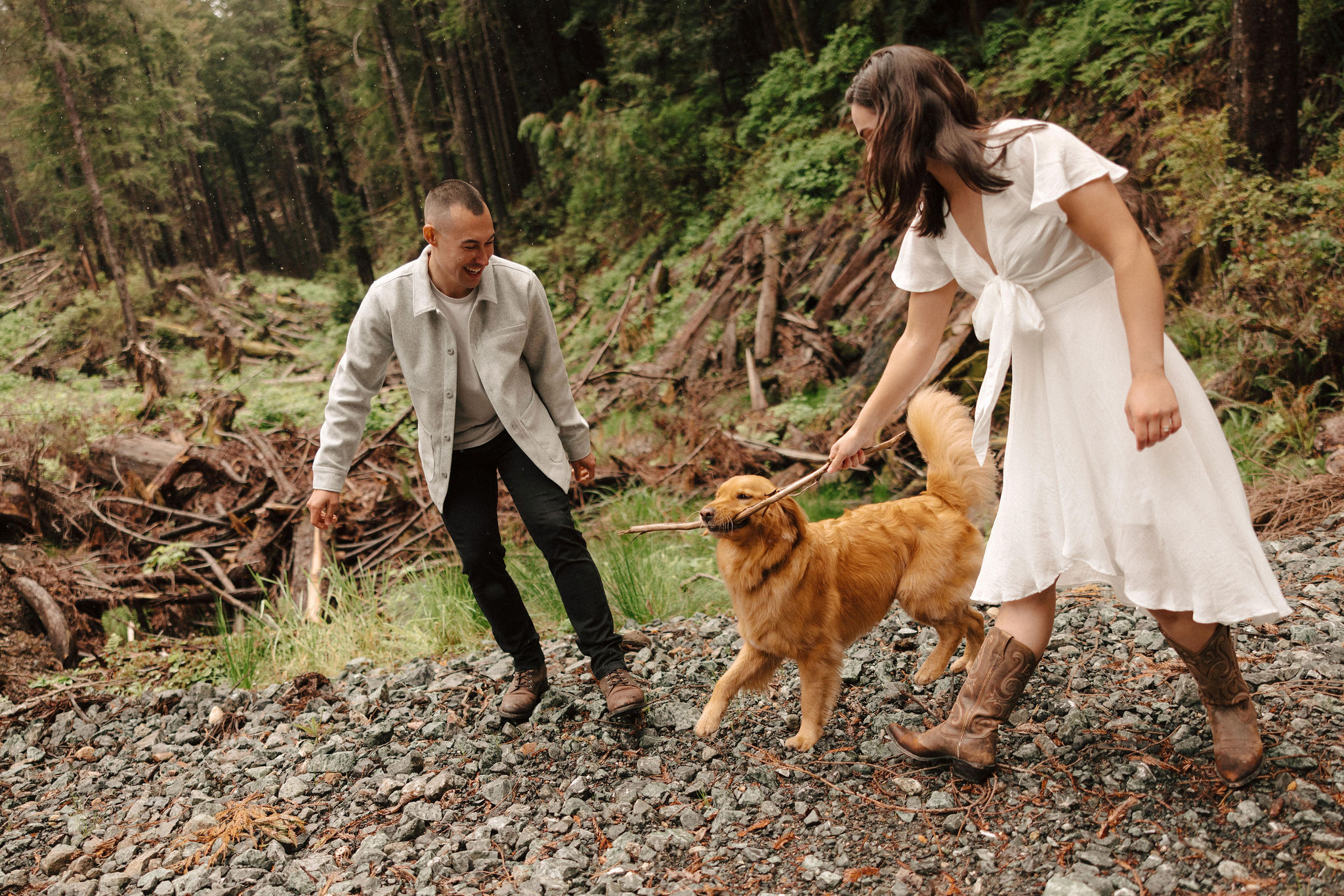 stunning couple pose amongst the gigantic Redwood trees during their documentary style northern california engagement photos