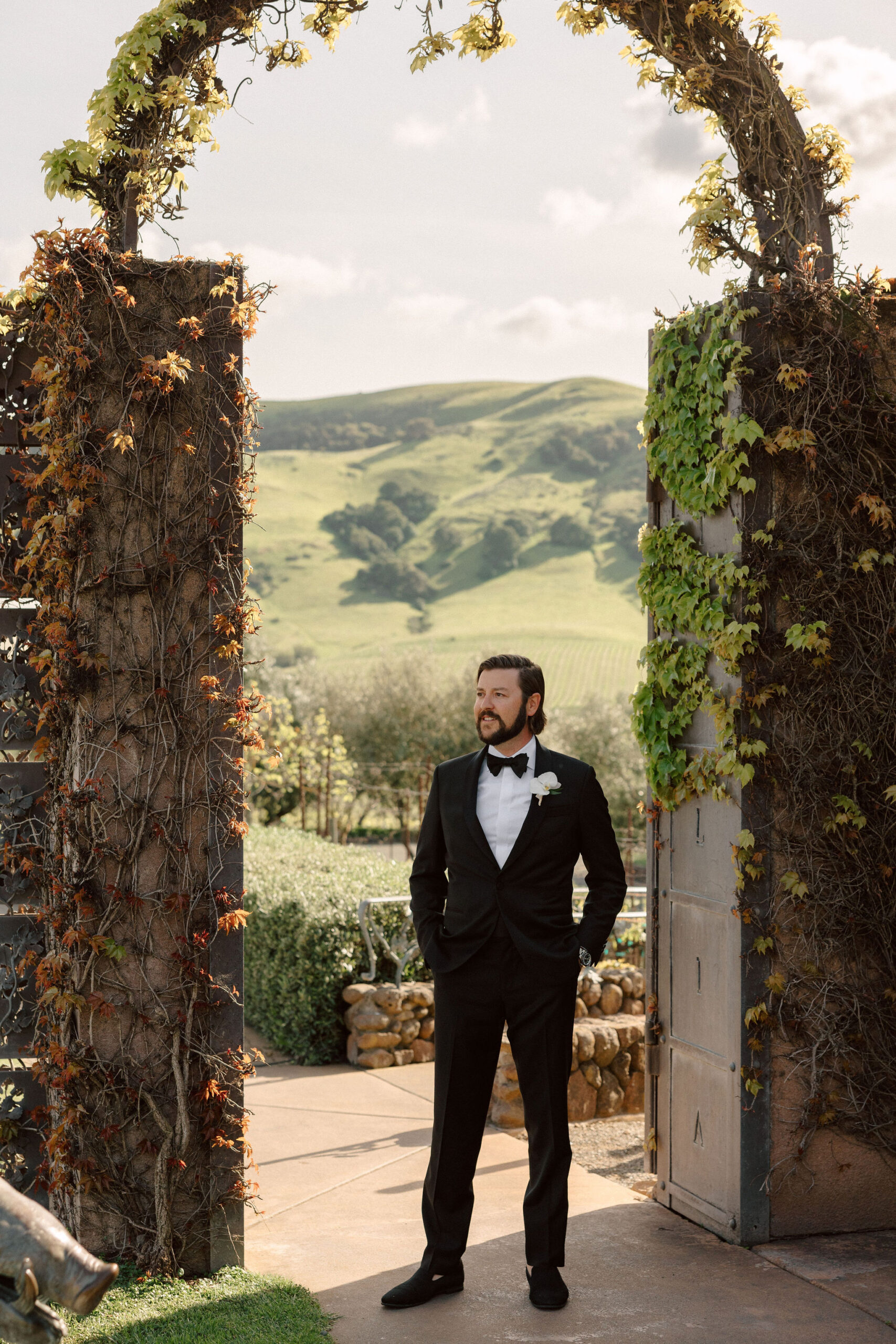 groom poses at the winery gates