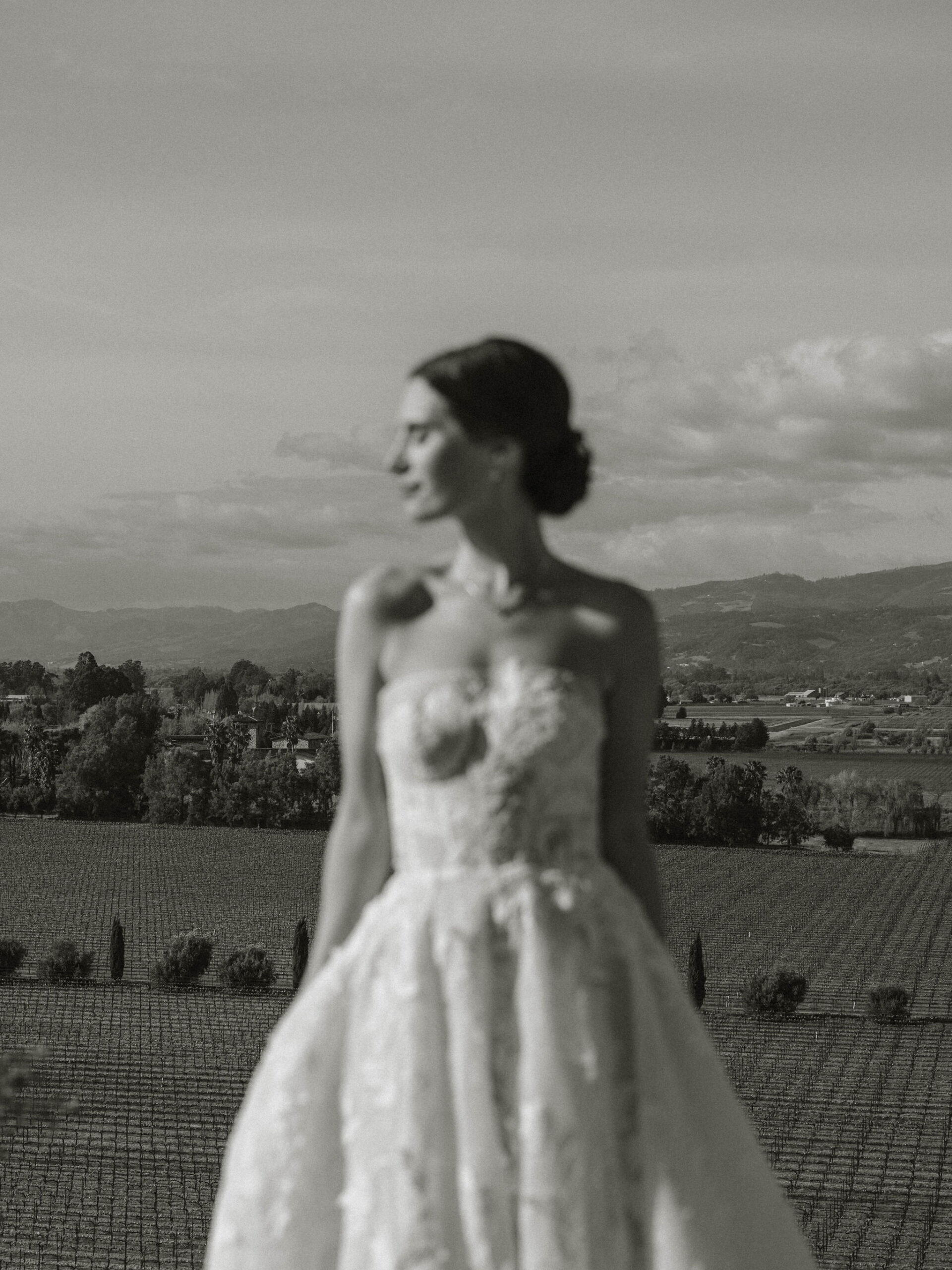 stunning bride poses with the California winery in the background