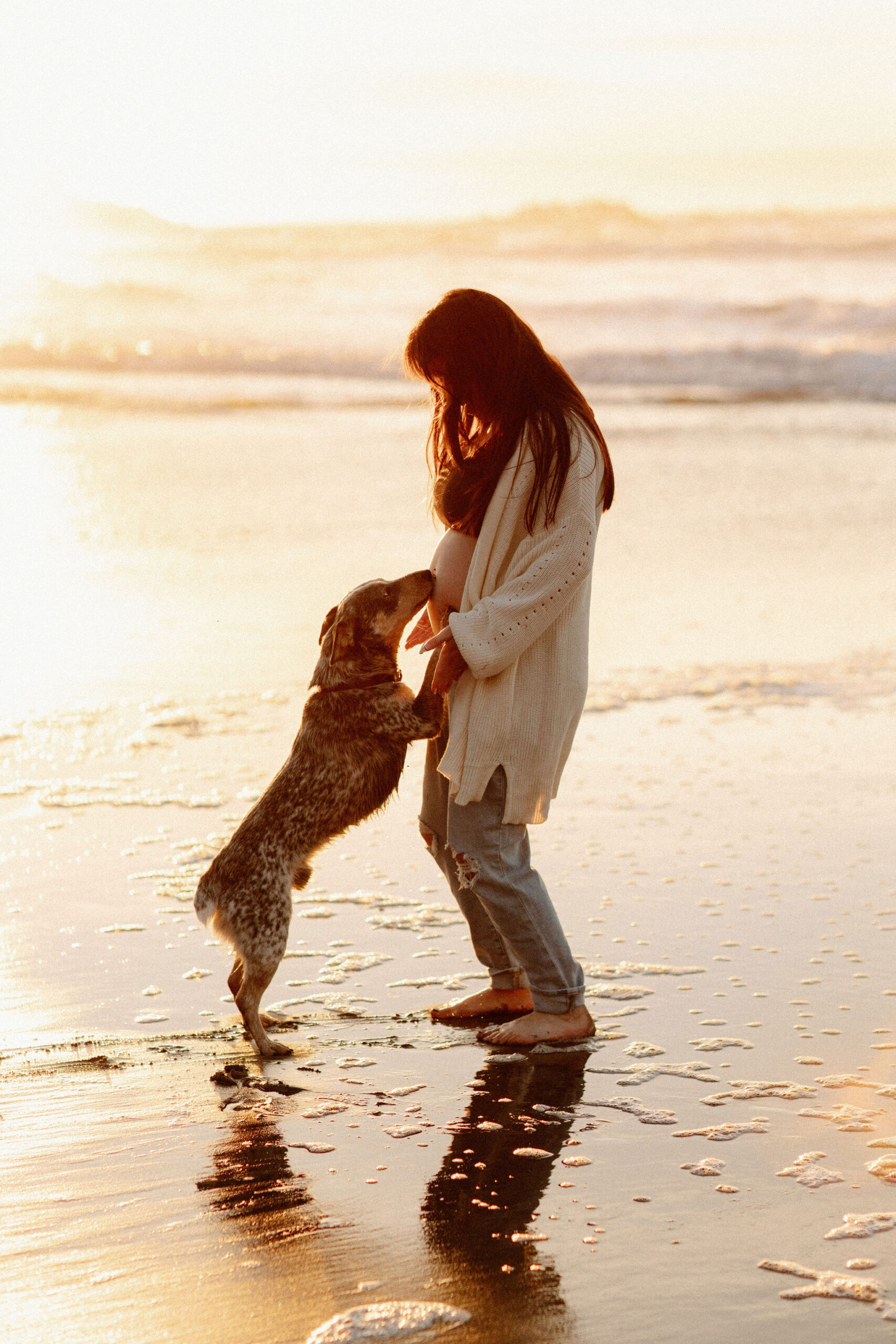 future mom poses with her blue healer in the pacific 